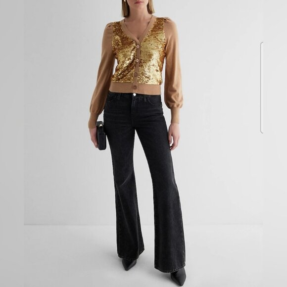NWT Women's‎ EXPRESS Front Sequin Button Cardigan Camel/Gold | Size M - Picture 4 of 12